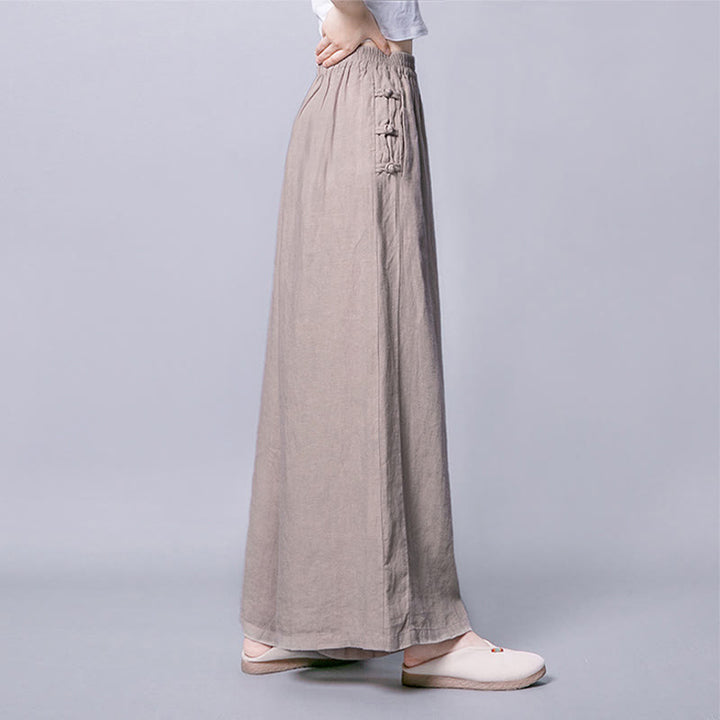 Buddha Stonesカジュアルコットン フロッグボタン ハイウエスト ワイドレッグパンツ ポケット付き
