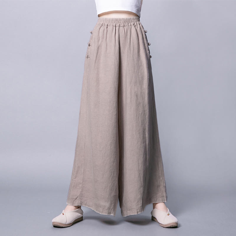 Buddha Stonesカジュアルコットン フロッグボタン ハイウエスト ワイドレッグパンツ ポケット付き