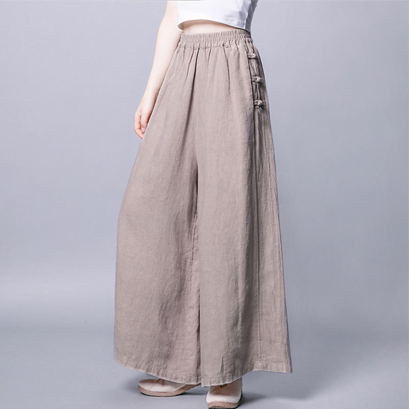 Buddha Stonesカジュアルコットン フロッグボタン ハイウエスト ワイドレッグパンツ ポケット付き