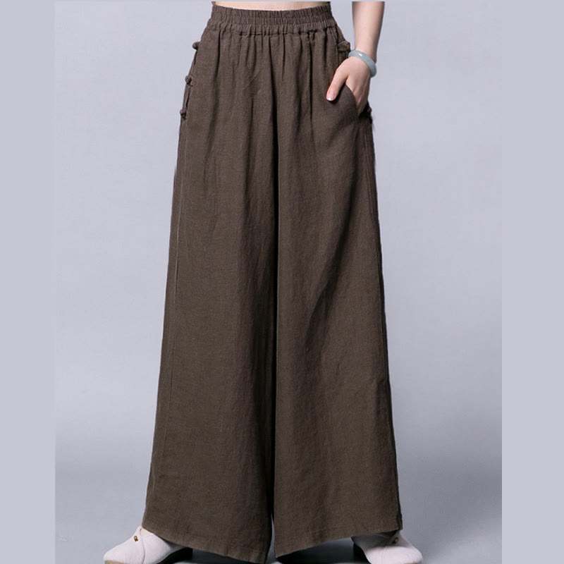 Buddha Stonesカジュアルコットン フロッグボタン ハイウエスト ワイドレッグパンツ ポケット付き