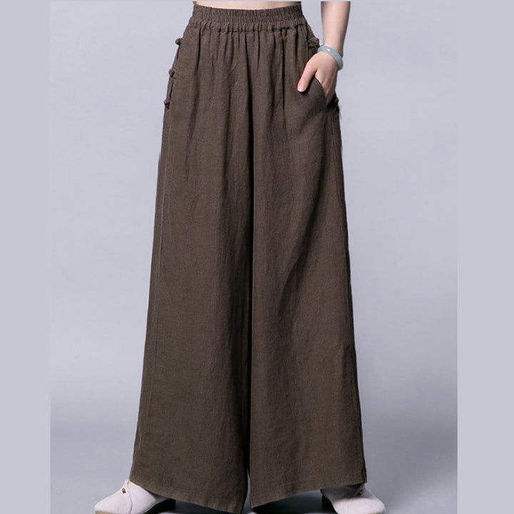 Buddha Stonesカジュアルコットン フロッグボタン ハイウエスト ワイドレッグパンツ ポケット付き