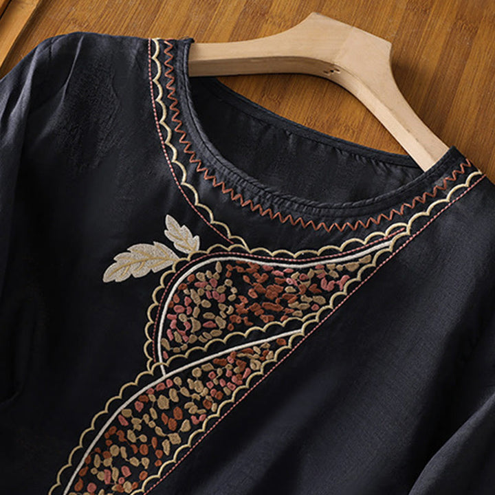 Buddha Stonesエスニック刺繍クルーネックコットンリネンプルオーバー - image 6