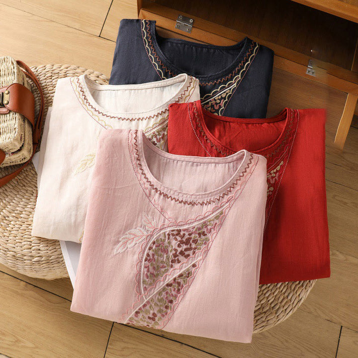 Buddha Stonesエスニック刺繍クルーネックコットンリネンプルオーバー - image 35