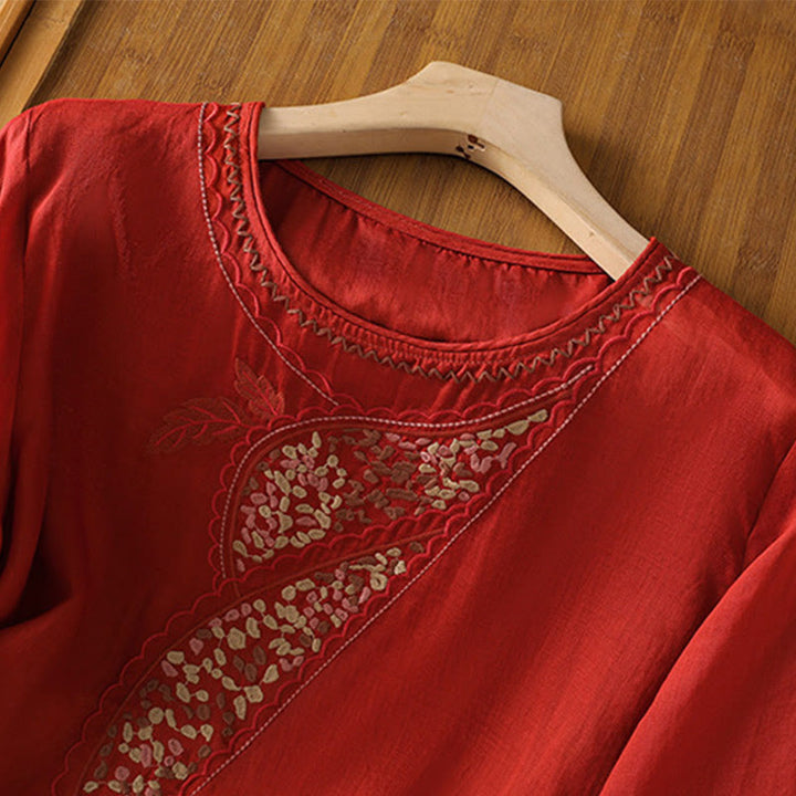 Buddha Stonesエスニック刺繍クルーネックコットンリネンプルオーバー - image 13