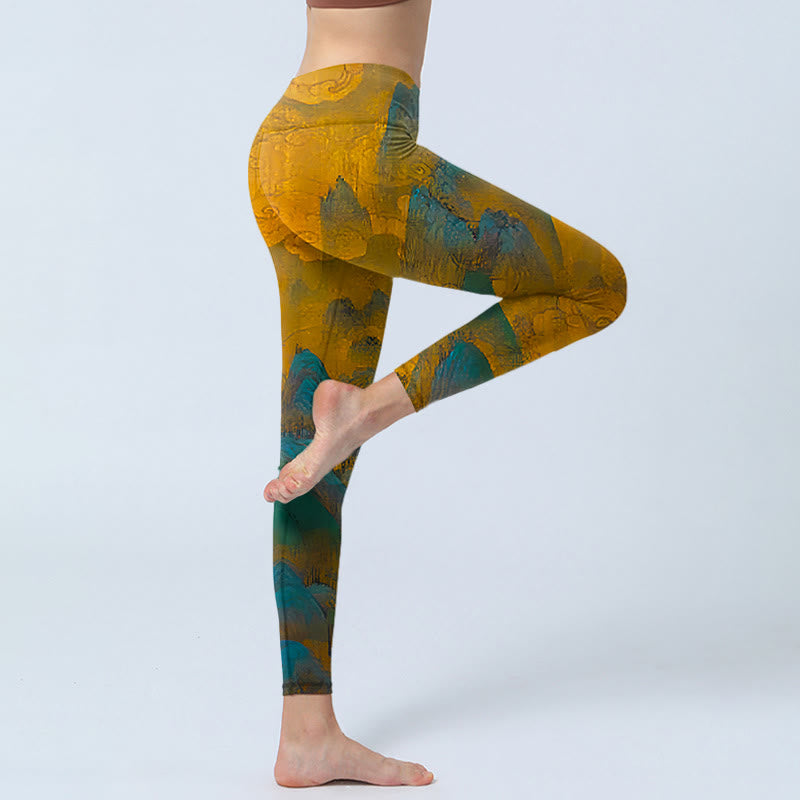 Buddha Stonesダークゴールデンロッドマウンテンプリント フィットネスレギンス レディース ヨガパンツ - image 4