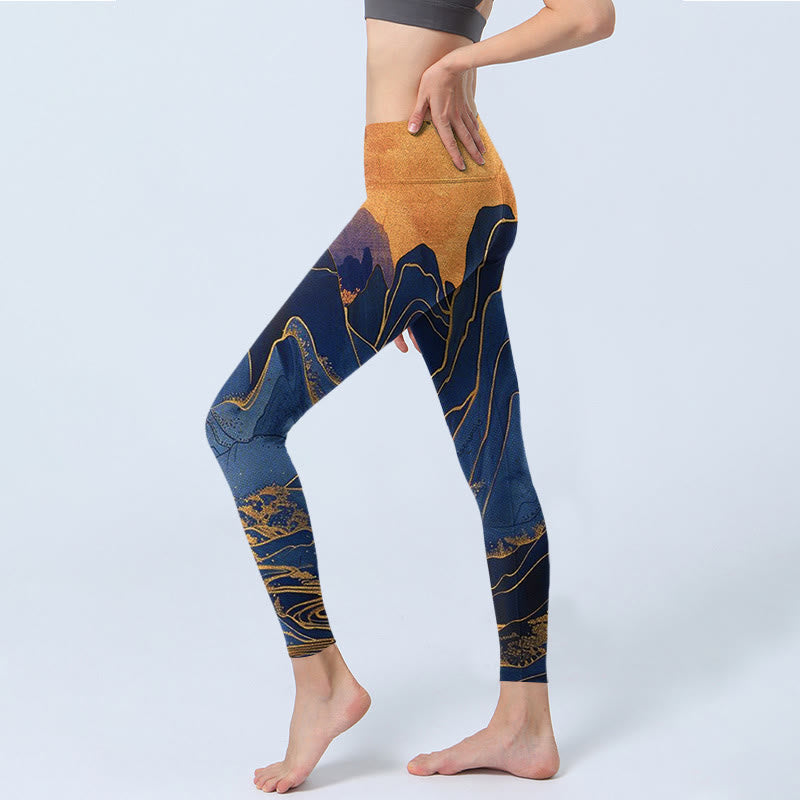 Buddha Stonesダークブルー マウンテンサンセットプリント フィットネスレギンス レディース ヨガパンツ - image 3