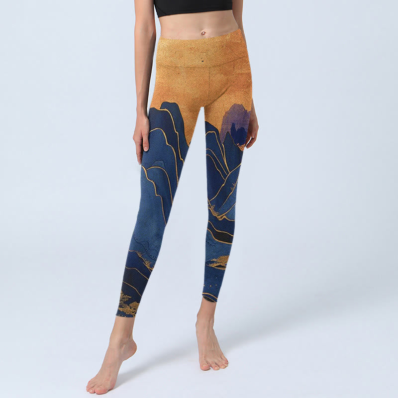 Buddha Stonesダークブルー マウンテンサンセットプリント フィットネスレギンス レディース ヨガパンツ - image 6