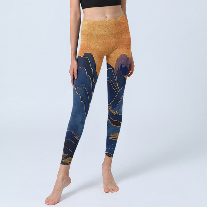 Buddha Stonesダークブルー マウンテンサンセットプリント フィットネスレギンス レディース ヨガパンツ - image 6