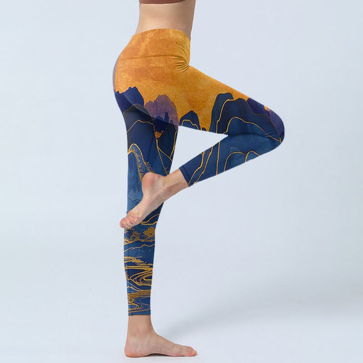 Buddha Stonesダークブルー マウンテンサンセットプリント フィットネスレギンス レディース ヨガパンツ - image 5