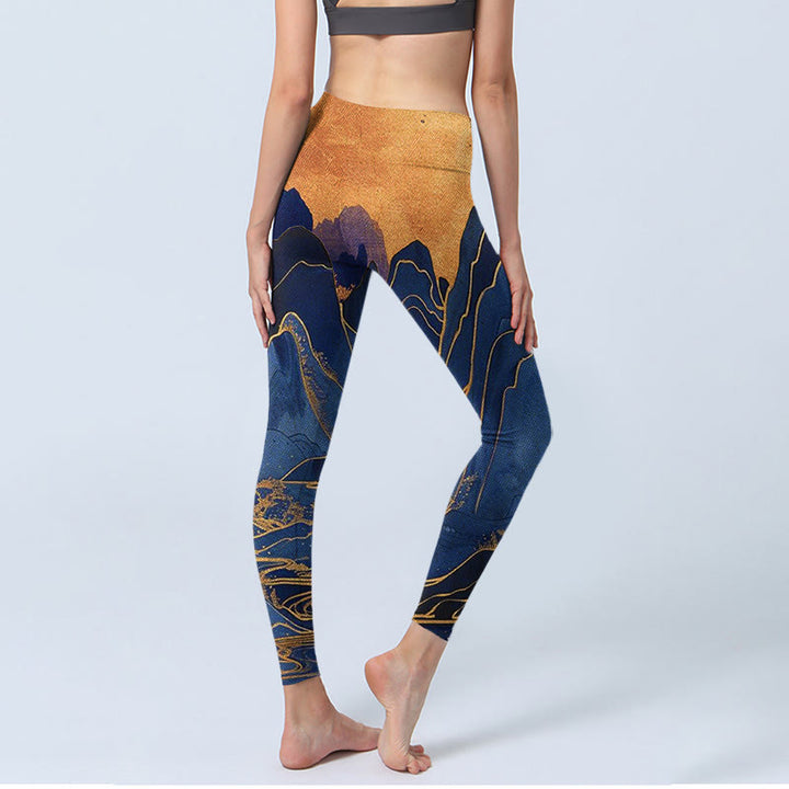 Buddha Stonesダークブルー マウンテンサンセットプリント フィットネスレギンス レディース ヨガパンツ - image 4