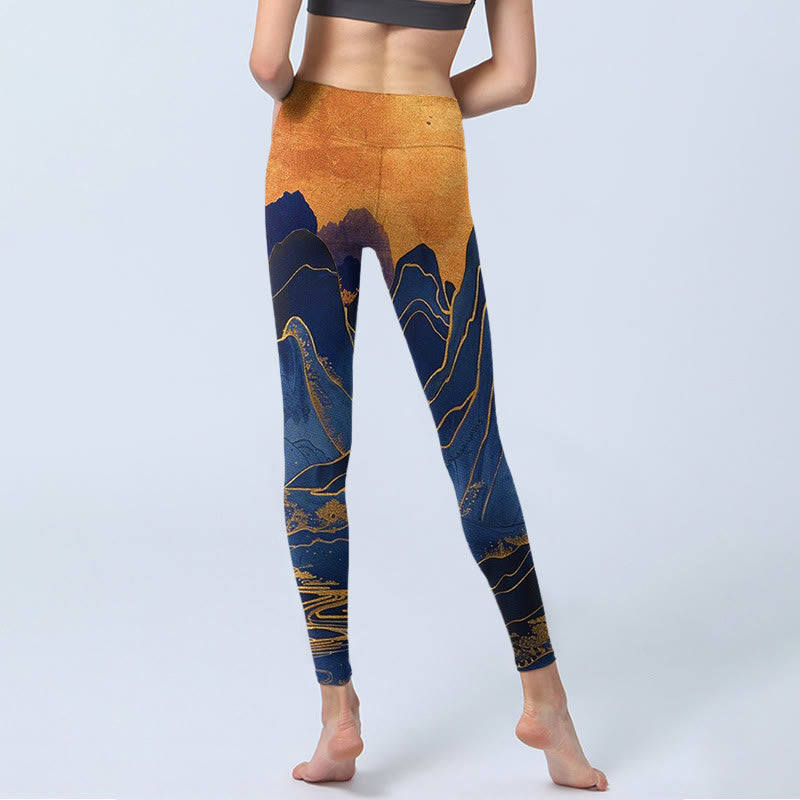 Buddha Stonesダークブルー マウンテンサンセットプリント フィットネスレギンス レディース ヨガパンツ - image 7