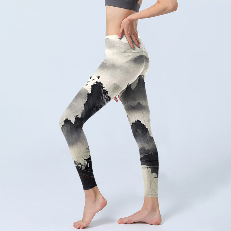 Buddha Stonesのスプラッシュインク風景画プリントフィットネスレギンスレディースヨガパンツ - image 4