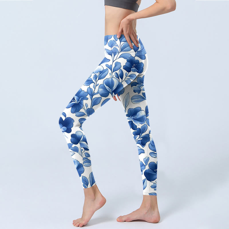 Buddha Stonesブルーフラワープリント フィットネスレギンス レディース ヨガパンツ - image 3