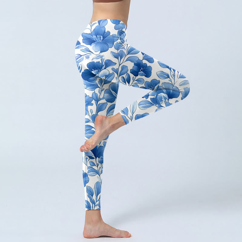 Buddha Stonesブルーフラワープリント フィットネスレギンス レディース ヨガパンツ - image 4