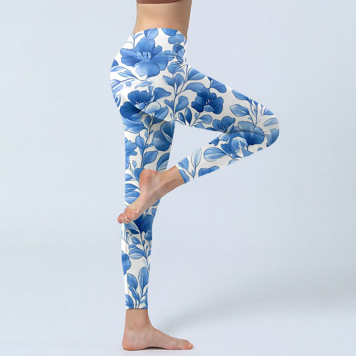 Buddha Stonesブルーフラワープリント フィットネスレギンス レディース ヨガパンツ - image 4