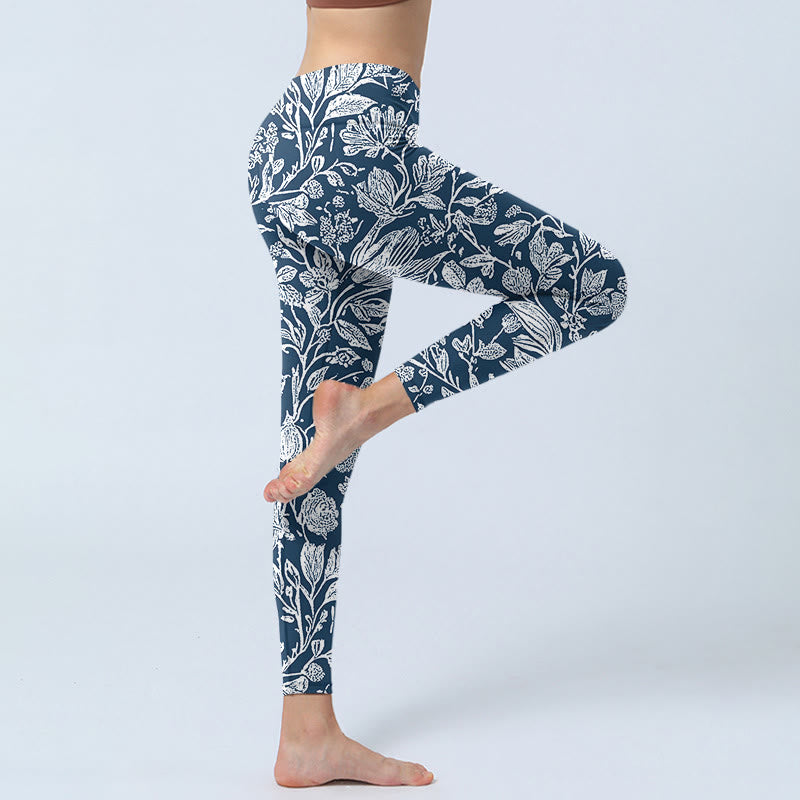 Buddha Stonesダークブルー フラワープリント フィットネスレギンス レディース ヨガパンツ - image 4