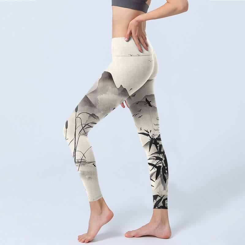 Buddha Stones、インク、竹山プリントのジムレギンス、レディースヨガパンツ - image 3