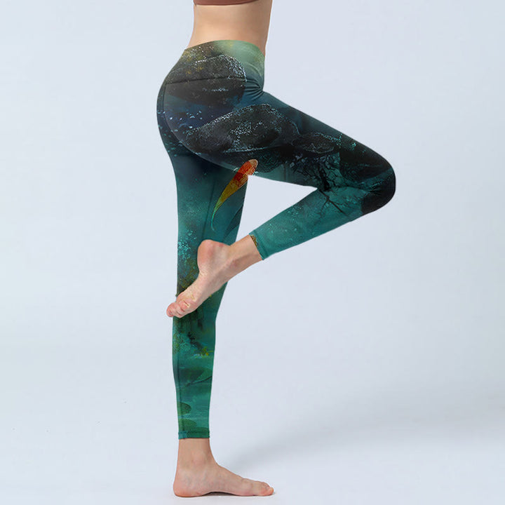 Buddha Stones、池、鯉、岩のプリントスポーツレギンス、レディースヨガパンツ - image 4