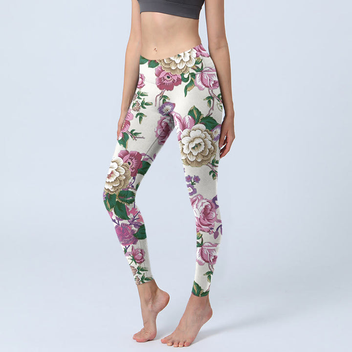 Buddha Stones赤 白 牡丹 花柄 スポーツレギンス レディース ヨガパンツ - 貝殻 - US18、 UK/AU22、 EU50 (4XL) - image 1