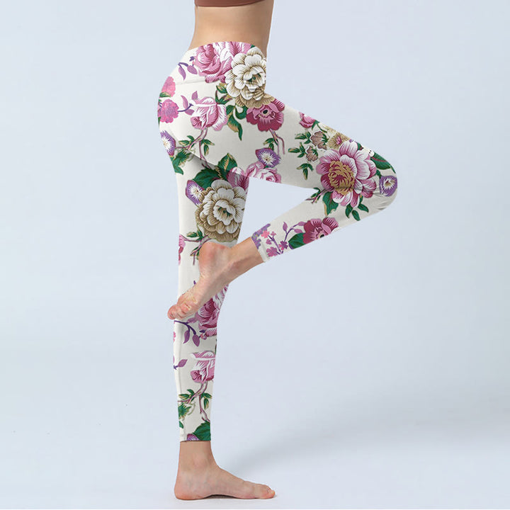 Buddha Stones赤 白 牡丹 花柄 スポーツレギンス レディース ヨガパンツ - image 4