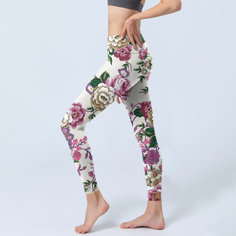 Buddha Stones赤 白 牡丹 花柄 スポーツレギンス レディース ヨガパンツ - image 3