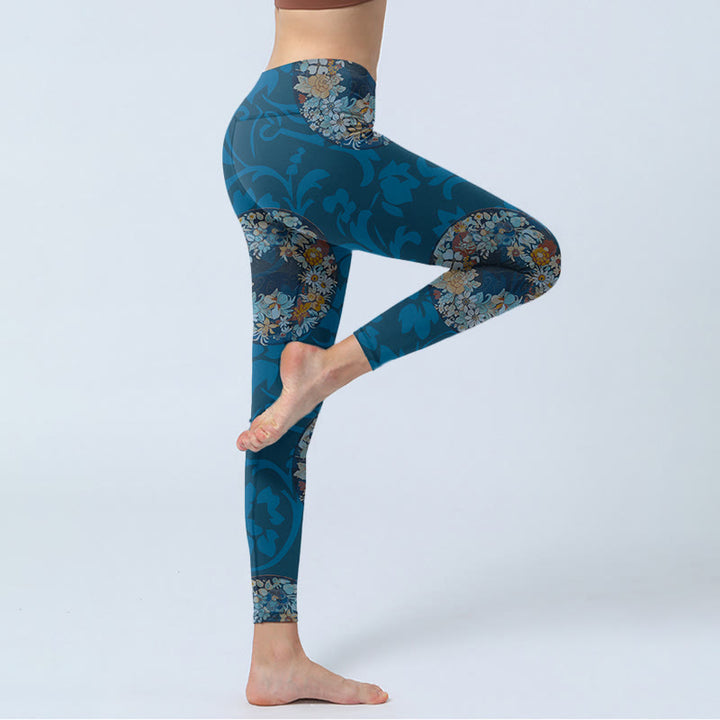 Buddha Stonesとダークブルーの花が咲いたプリントのスポーツレギンス、レディースヨガパンツ - image 4