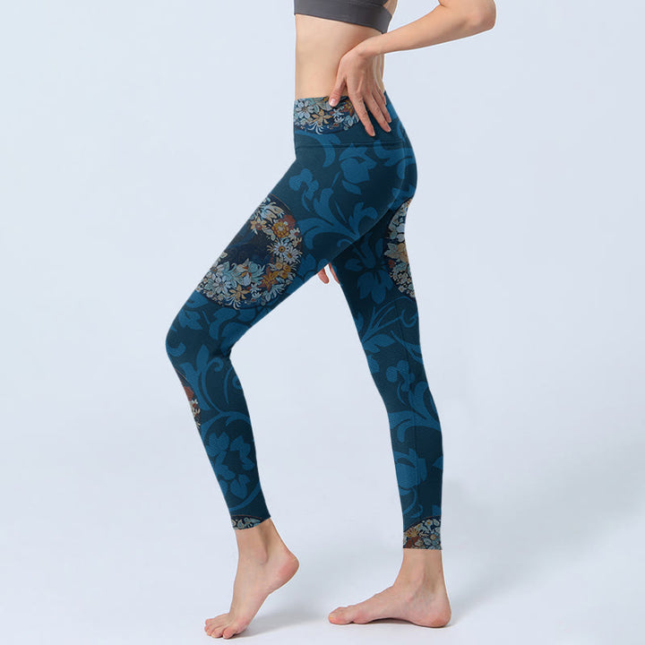 Buddha Stonesとダークブルーの花が咲いたプリントのスポーツレギンス、レディースヨガパンツ - image 3