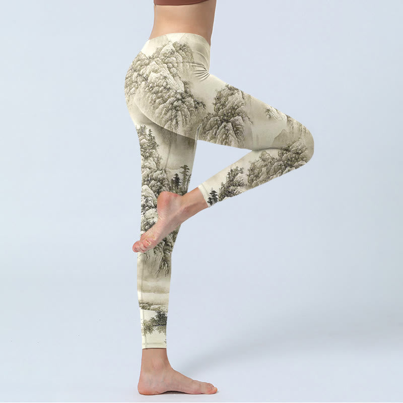 Buddha Stones、山、木​​、川の風景プリントのスポーツレギンス、レディースヨガパンツ - image 3