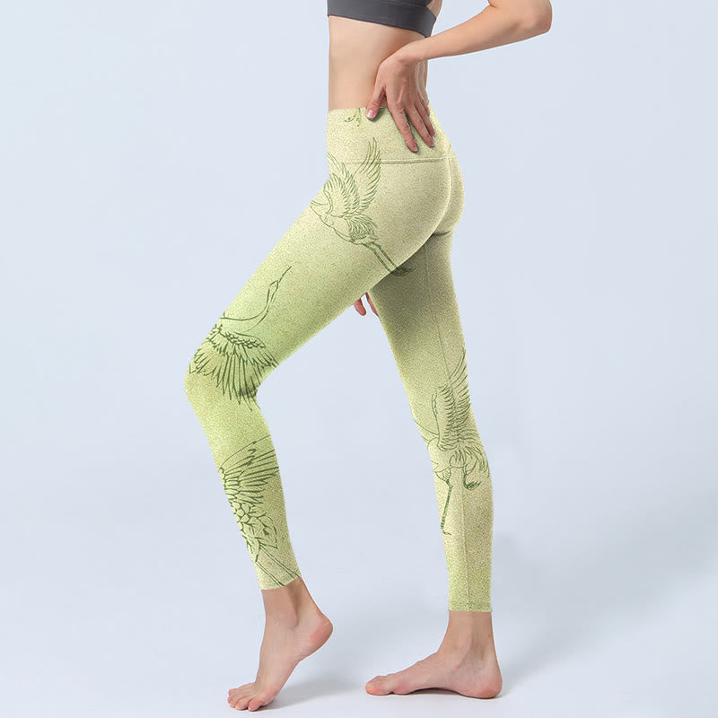 Buddha Stonesライトイエロー クレーンプリント スポーツレギンス レディース ヨガパンツ - image 3