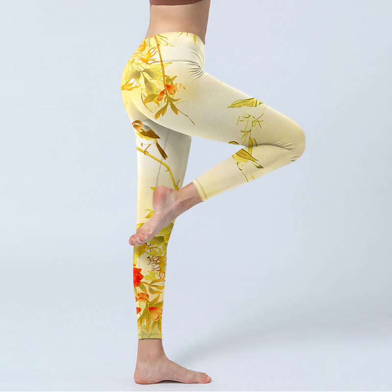 Buddha Stones、ライトイエロー、牡丹、花、鳥のプリント、スポーツレギンス、レディースヨガパンツ - image 4