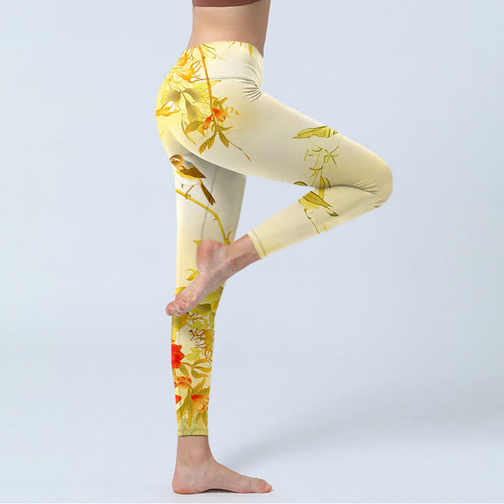 Buddha Stones、ライトイエロー、牡丹、花、鳥のプリント、スポーツレギンス、レディースヨガパンツ - image 4