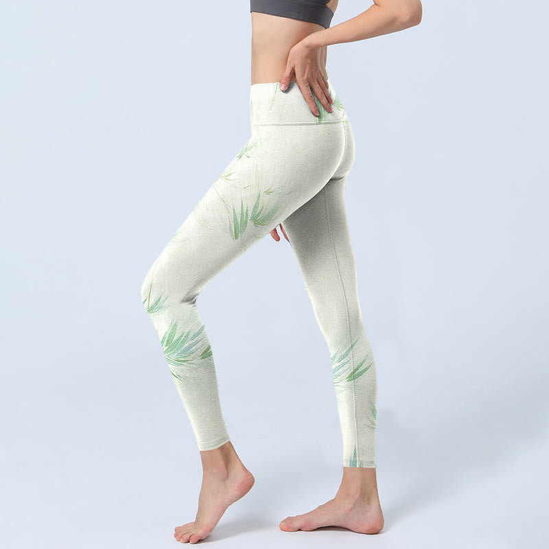 Buddha Stonesと緑の竹の葉のプリントスポーツレギンスレディースヨガパンツ - image 3