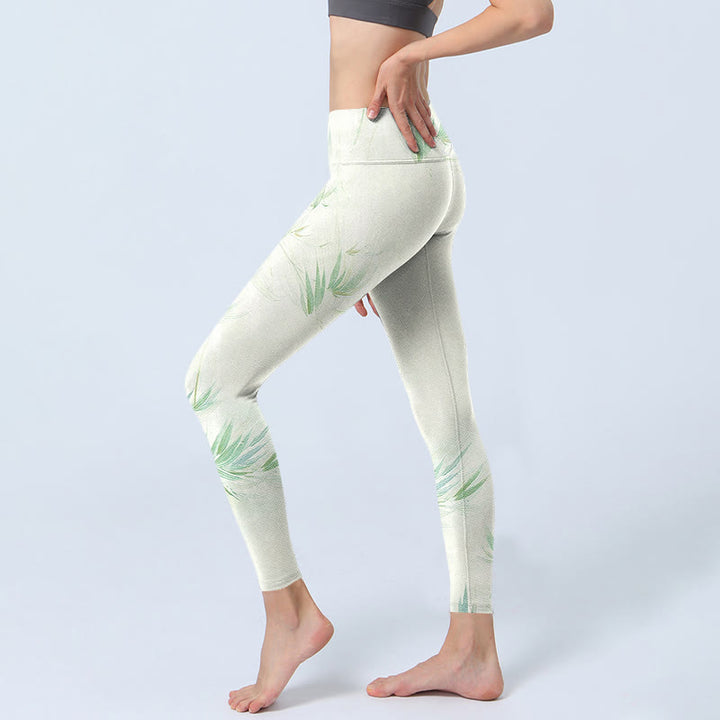 Buddha Stonesと緑の竹の葉のプリントスポーツレギンスレディースヨガパンツ - image 3