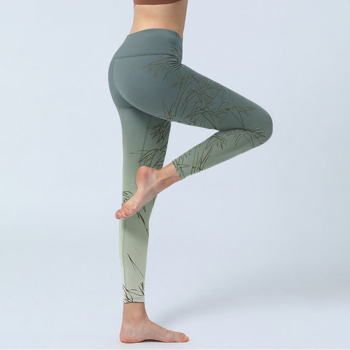 Buddha Stonesと竹の葉のスケッチプリントのスポーツレギンスレディースヨガパンツ - image 4
