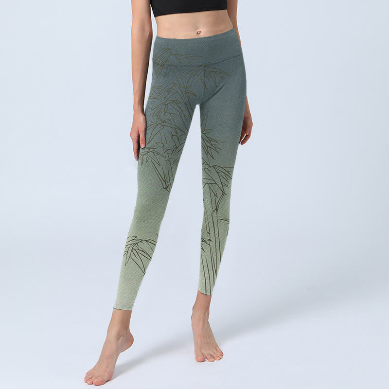Buddha Stonesと竹の葉のスケッチプリントのスポーツレギンスレディースヨガパンツ - image 6