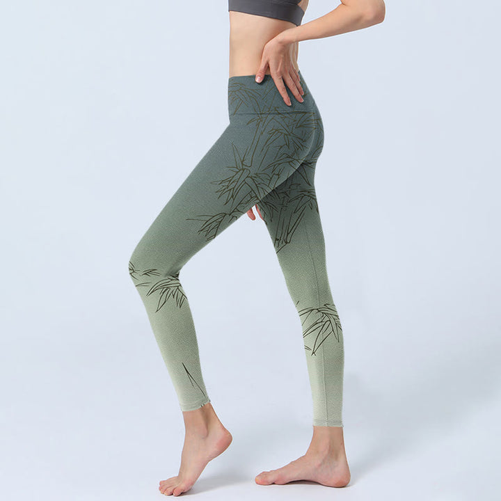 Buddha Stonesと竹の葉のスケッチプリントのスポーツレギンスレディースヨガパンツ - image 3