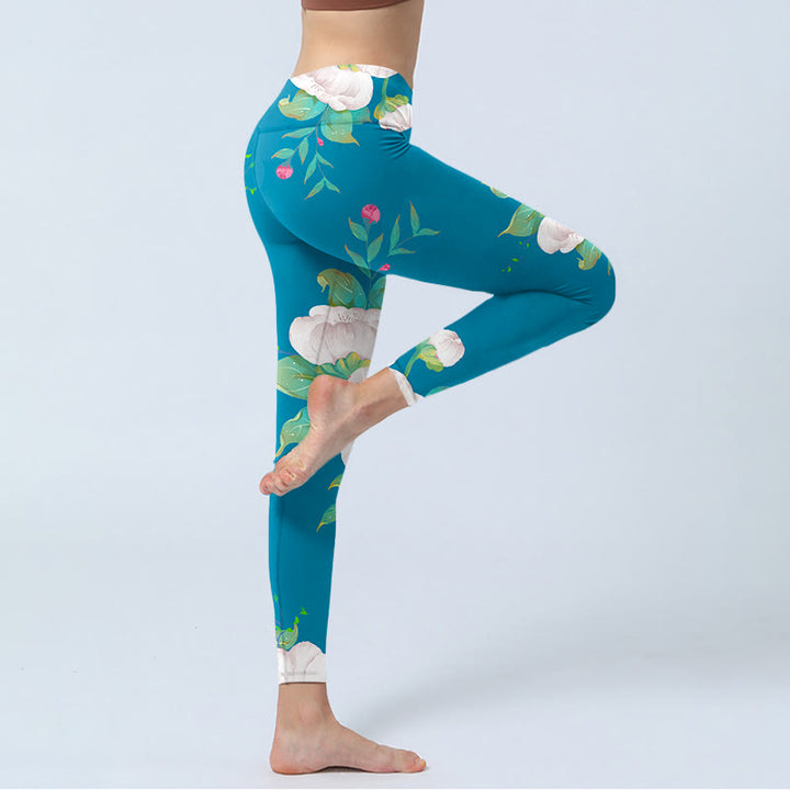 Buddha Stones、青、白、花、葉のプリント スポーツレギンス レディース ヨガパンツ - image 4
