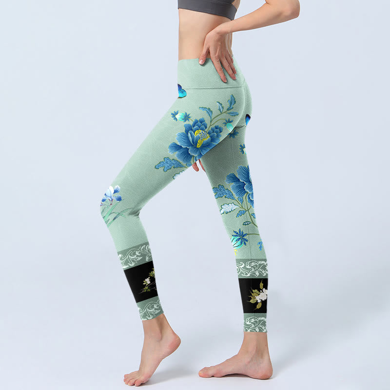 Buddha Stonesミントグリーン ブルー 牡丹 バタフライプリント スポーツレギンス レディース ヨガパンツ - image 3