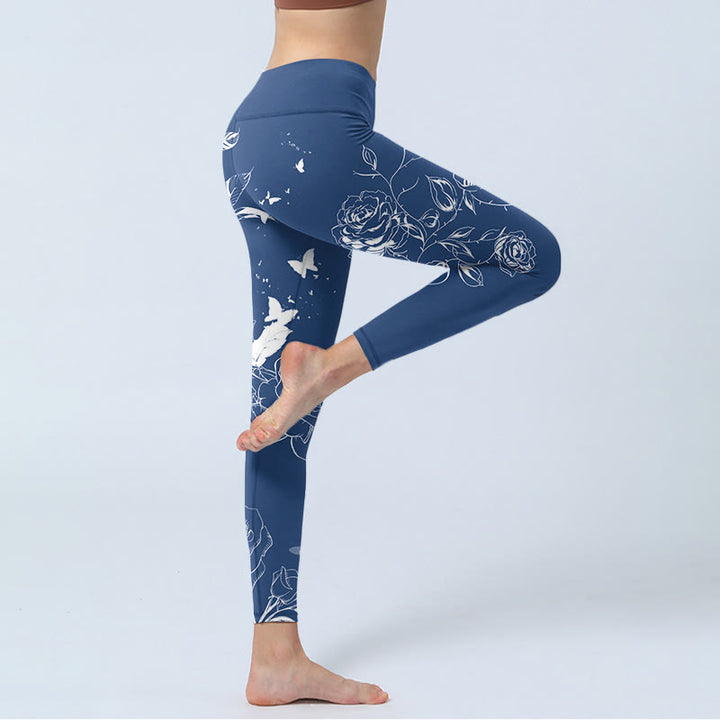 Buddha Stonesブルーローズ バタフライプリント スポーツレギンス レディース ヨガパンツ - image 5