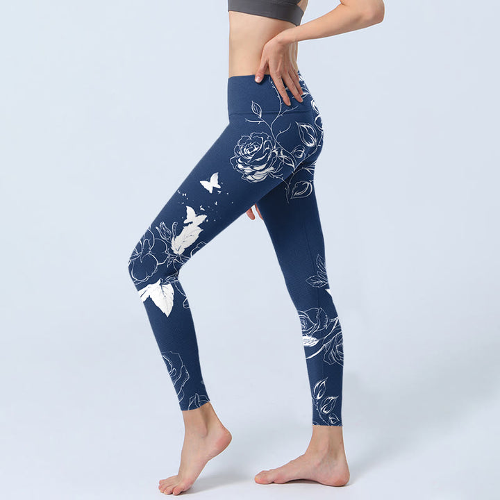 Buddha Stonesブルーローズ バタフライプリント スポーツレギンス レディース ヨガパンツ - image 4