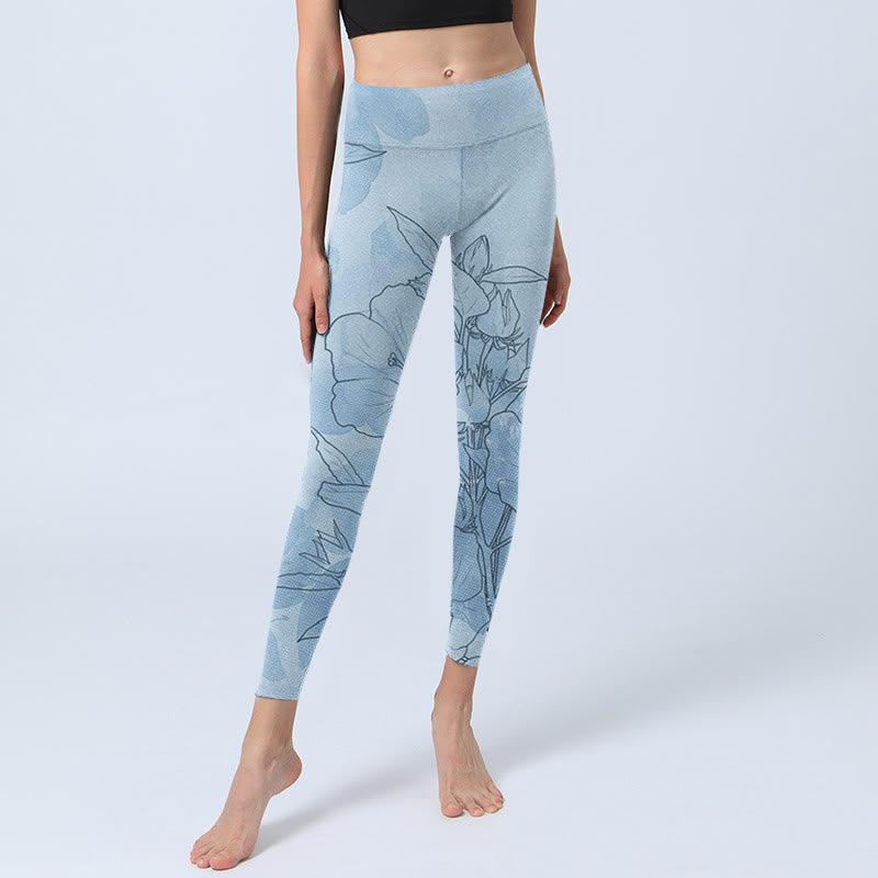 Buddha Stonesブルーフラワー スケッチプリント スポーツレギンス レディース ヨガパンツ - image 6