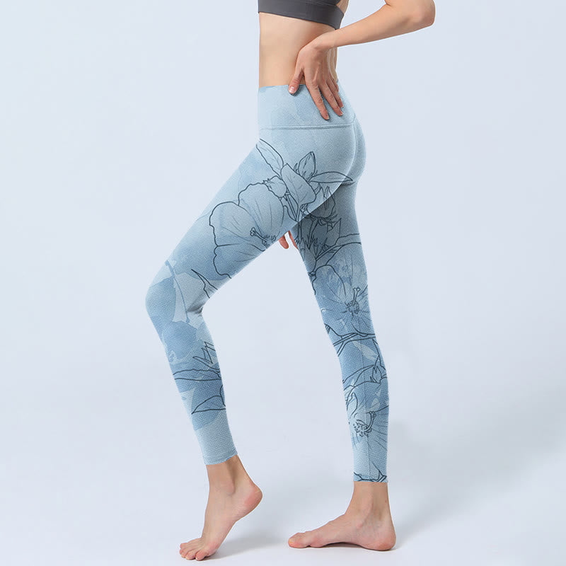 Buddha Stonesブルーフラワー スケッチプリント スポーツレギンス レディース ヨガパンツ - image 3