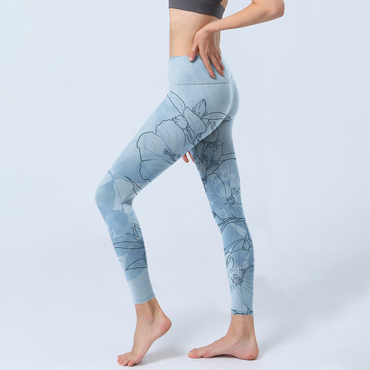 Buddha Stonesブルーフラワー スケッチプリント スポーツレギンス レディース ヨガパンツ - image 3