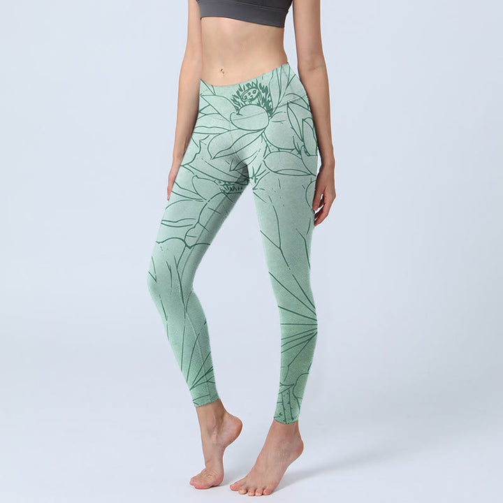 Buddha Stonesグリーン ロータス フラワー プリント スポーツ レギンス レディース ヨガパンツ - ダークシーグリーン - US18、 UK/AU22、 EU50 (4XL) - image 1