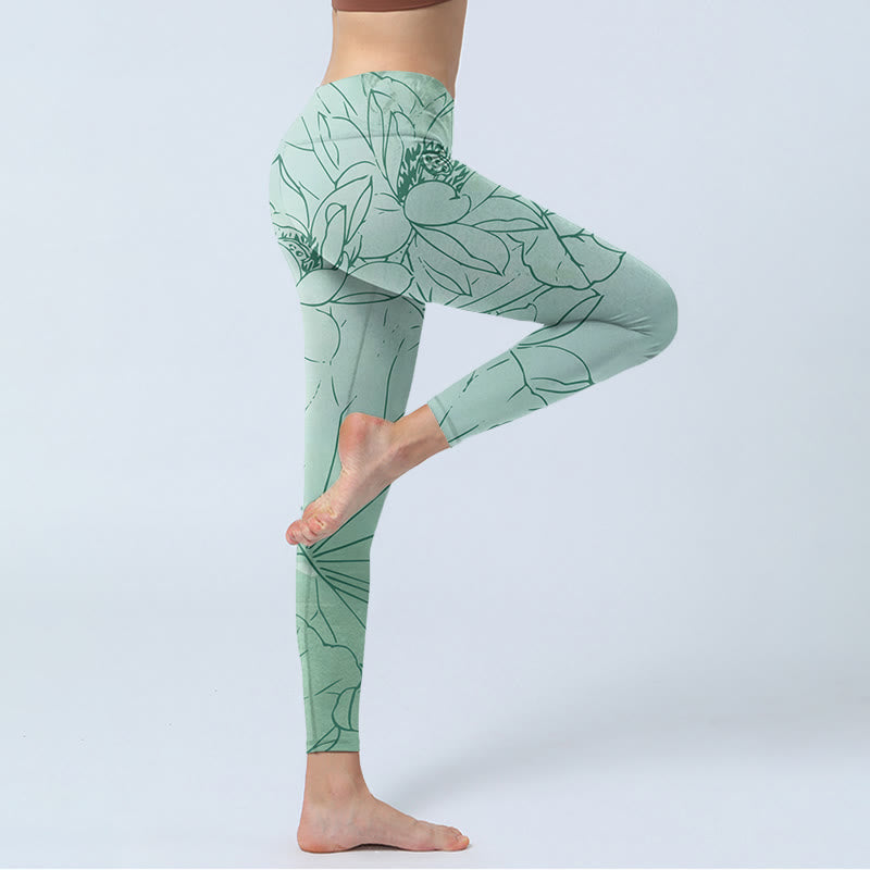 Buddha Stonesグリーン ロータス フラワー プリント スポーツ レギンス レディース ヨガパンツ - image 4