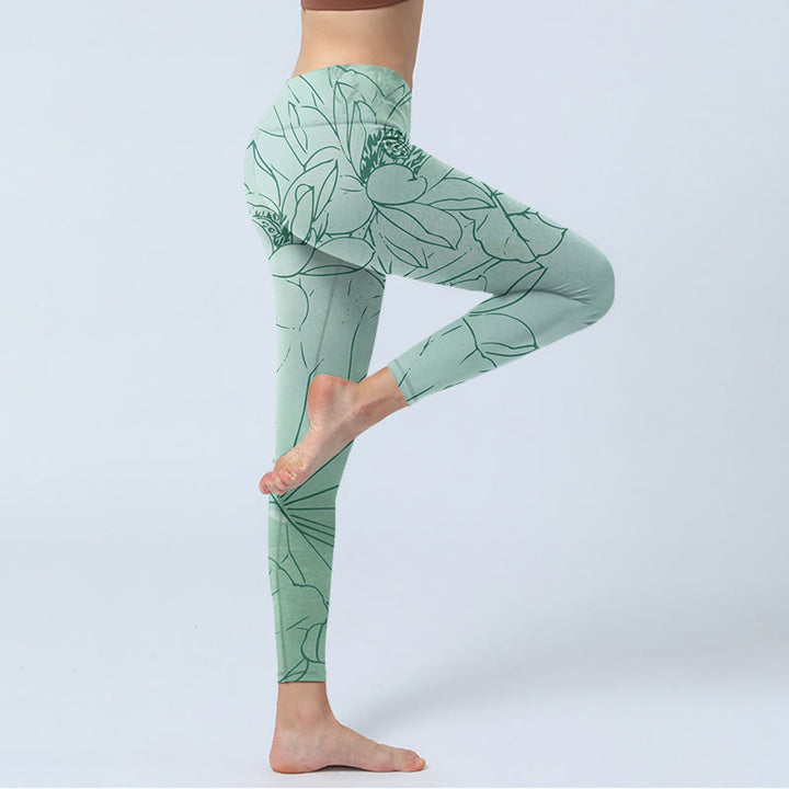 Buddha Stonesグリーン ロータス フラワー プリント スポーツ レギンス レディース ヨガパンツ - image 4