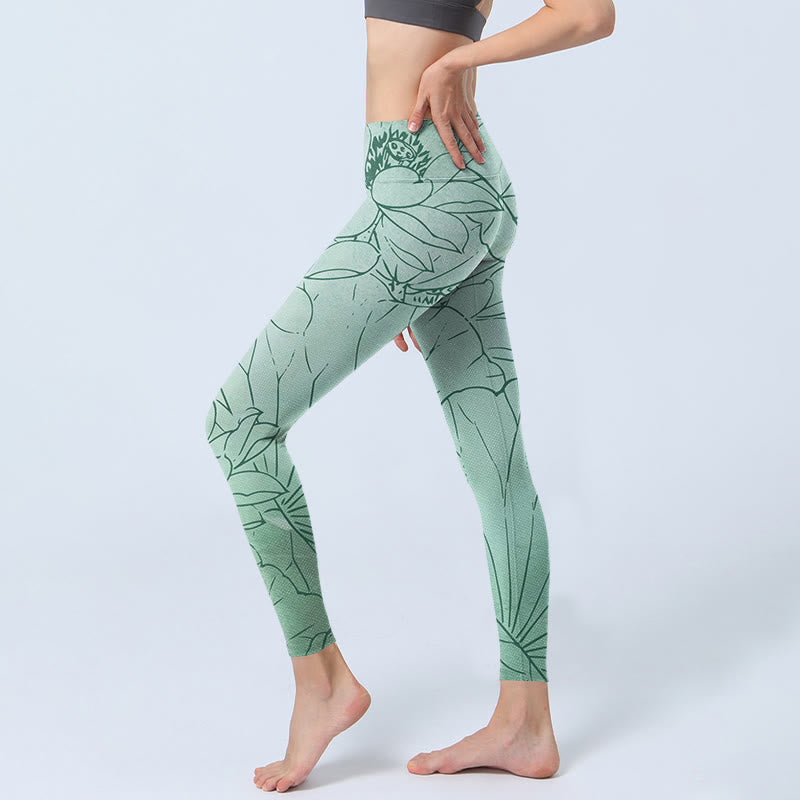 Buddha Stonesグリーン ロータス フラワー プリント スポーツ レギンス レディース ヨガパンツ - image 3