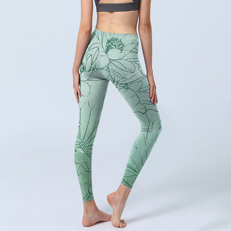Buddha Stonesグリーン ロータス フラワー プリント スポーツ レギンス レディース ヨガパンツ - image 5