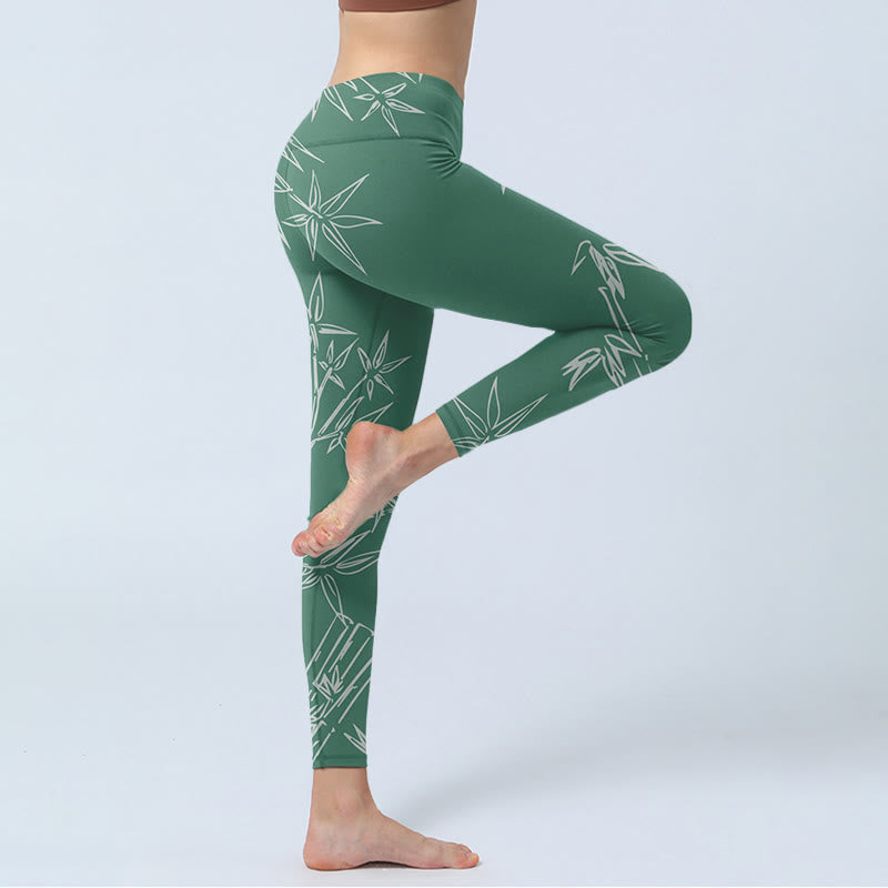 Buddha Stones、グリーン、ホワイト、竹の葉プリントのジムレギンス、レディースヨガパンツ - image 4