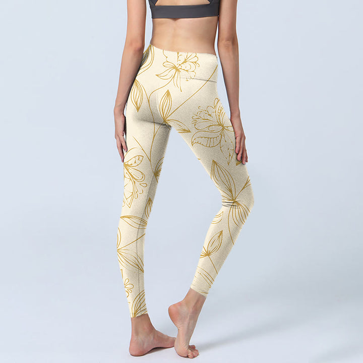 Buddha Stonesベージュ フラワー ヴァイン プリント ジムレギンス レディース ヨガパンツ - image 5